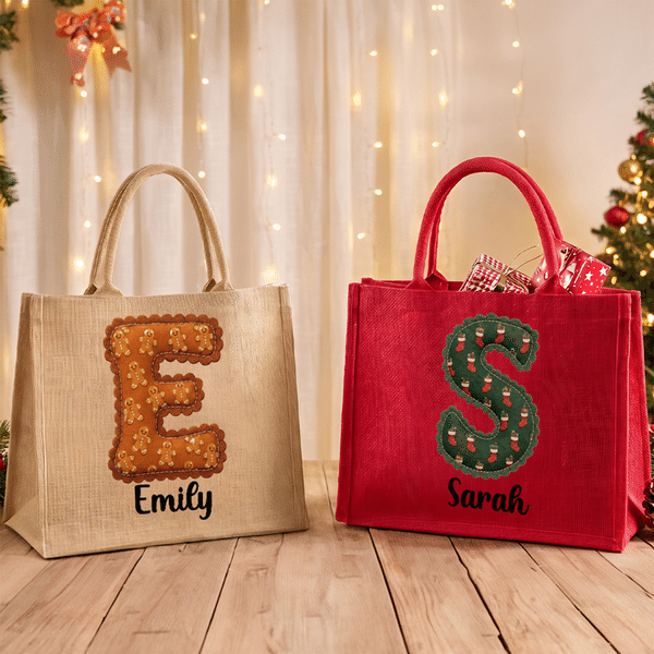 Personalised Christmas Style Initial Large Capacity Jute Tote Bag with Name Christmas Gift for Kids Family