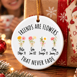Personalized 2-6 Birth Flowers Round Ceramic Ornament with Names Tree Decor Christmas Gift for Women Friends