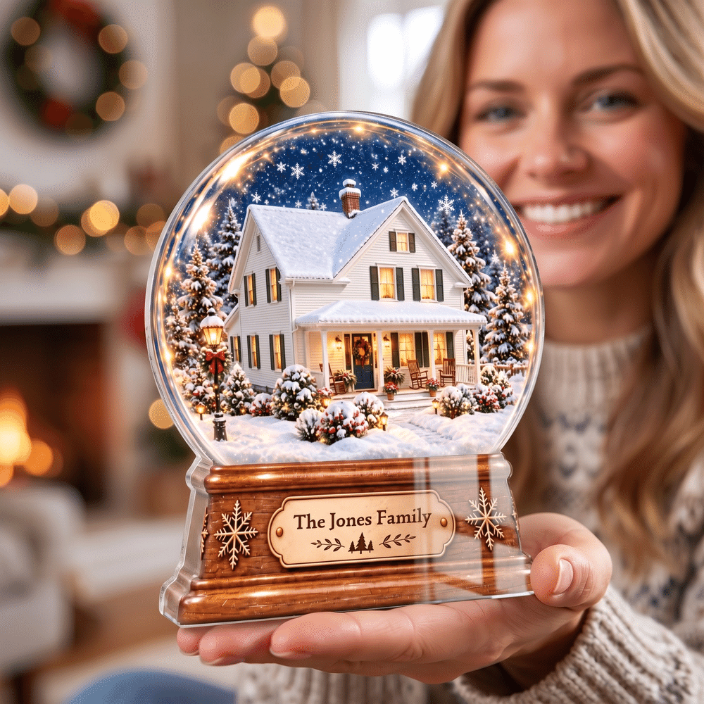 Gepersonaliseerde acrylplaat met 3D-effect: foto van een kristallen bol met huis, voorzien van familienaam – housewarming- en kerstcadeau voor vrienden die naar een nieuw huis zijn verhuisd 3