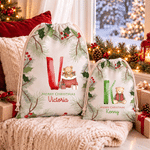 Personalisierte Geschenktüte aus Leinwand mit Kordelzug und Teddybär-Initiale in verschiedenen Größen – Weihnachtsgeschenk für Kinder, Familie und Freunde