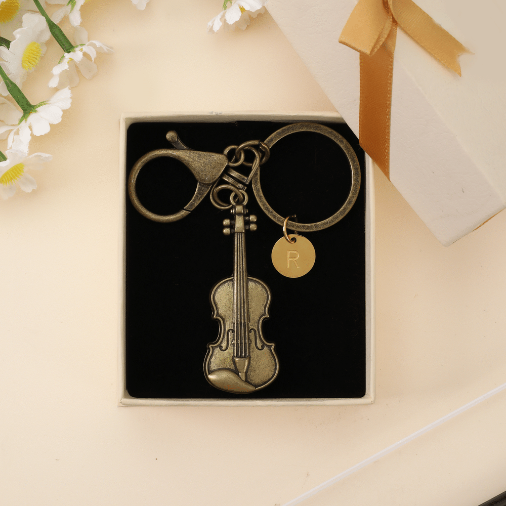 Personalised Vintage Violin Music Theme Keyring with Engraving Initial Daily Use Birthday Christmas Gift for Music Lovers Violin Players 6
