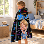 Personalised 3D-Style Art Cartoon Character Photo Word Cloud Soft Hooded Blanket with Name Birthday Christmas Gift for Boys Girls