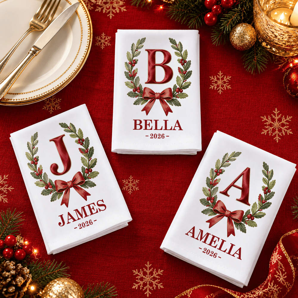 Personalised Retro Initial Holly Bow 100% Cotton Napkin with Name and Year Table Decor Christmas Gift for Family Parents 2
