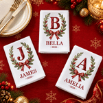 Personalised Retro Initial Holly Bow 100% Cotton Napkin with Name and Year Table Decor Christmas Gift for Family Parents 2