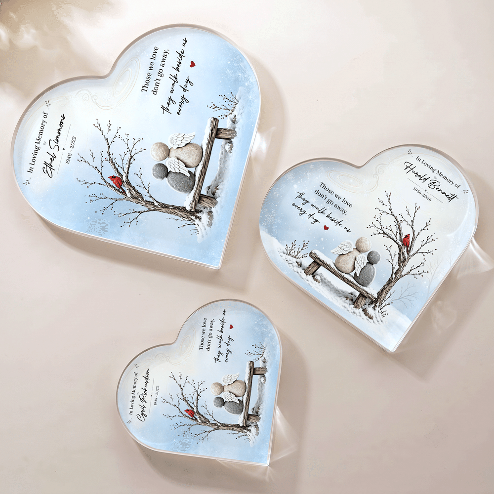 Personalised They Walk Beside Us Snow Stone Figure Heart-Shaped Acrylic Plaque with Name and Year Desk Decor Memorial Gift for Friend Family 7