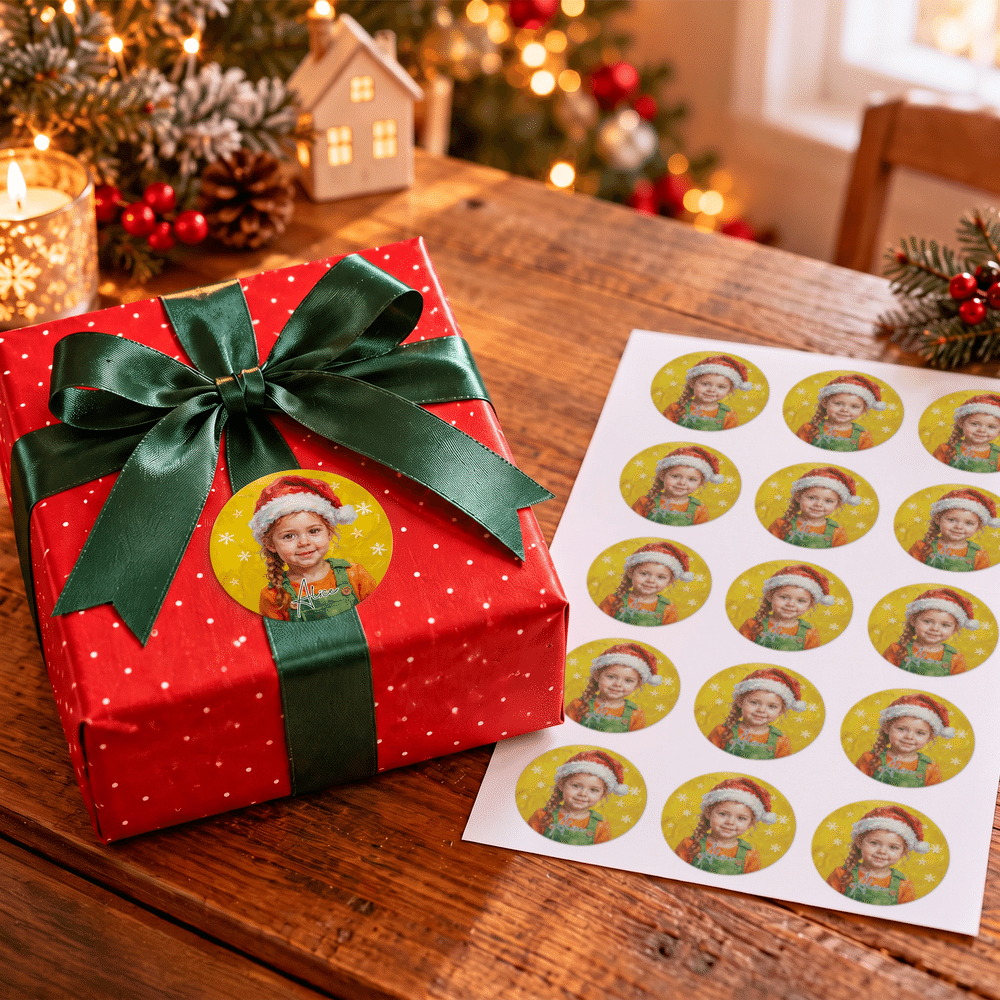Pegatina impermeable personalizada con foto de un personaje infantil, pintura al óleo con temática navideña y nombre; regalo navideño para niños y niñas 4