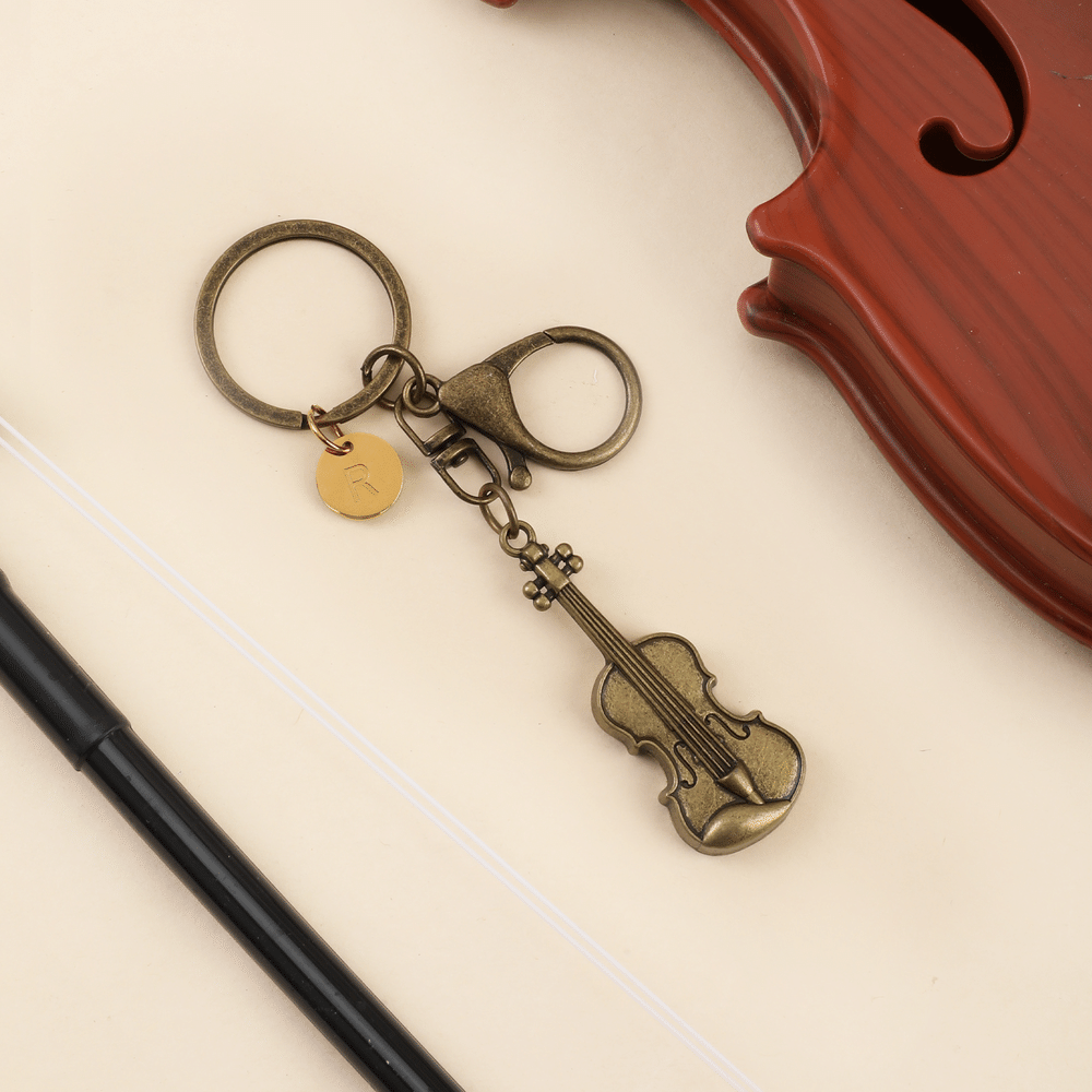 Personalised Vintage Violin Music Theme Keyring with Engraving Initial Daily Use Birthday Christmas Gift for Music Lovers Violin Players 3