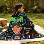 Personalised 3D-Style Art Cartoon Character Photo Word Cloud Soft Hooded Blanket with Name Birthday Christmas Gift for Boys Girls