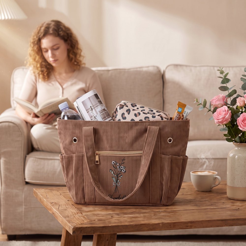 Personalised Retro Style Birth Flower Large Capacity Corduroy Tote Bag with Name Daily Use Birthday Chirstmas Gift for Women Crocheting Enthusiasts 4