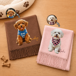 Personalized Realistic Oil Painting Style Pet Photo Soft Tassel Scarf Shawl with Name Winter Accessory Christmas Birthday Gift for Pet Owners Lovers