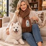 Sciarpa-scialle morbida con nappine, personalizzata con foto del proprio animale domestico in stile realistico a olio, con nome; accessorio invernale, regalo di Natale o di compleanno per i proprietari e gli amanti degli animali domestici