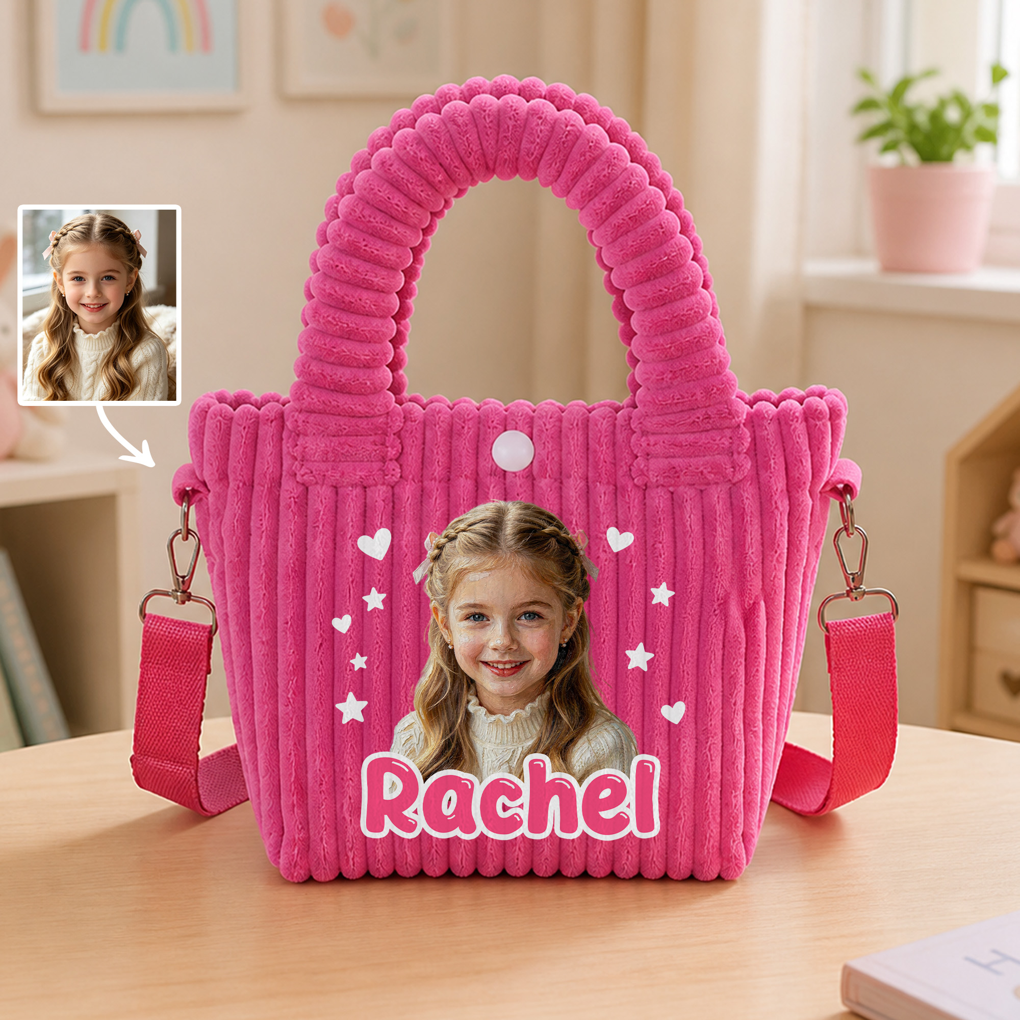 Personalisierte Kinder-Umhängetasche aus Cord mit Foto und „Heart Star“-Cartoon-Figur – Geburtstagsgeschenk für Mädchen