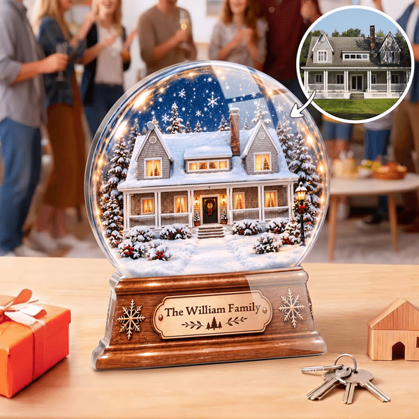 Gepersonaliseerde acrylplaat met 3D-effect: foto van een kristallen bol met huis, voorzien van familienaam – housewarming- en kerstcadeau voor vrienden die naar een nieuw huis zijn verhuisd