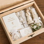 Gepersonaliseerde houten bewaardoos met kruis- en duifmotief, voorzien van naam en datum – christelijk doop- en eerste communiecadeau voor kinderen, familie en vrienden