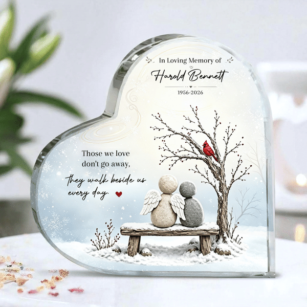 Personalised They Walk Beside Us Snow Stone Figure Heart-Shaped Acrylic Plaque with Name and Year Desk Decor Memorial Gift for Friend Family