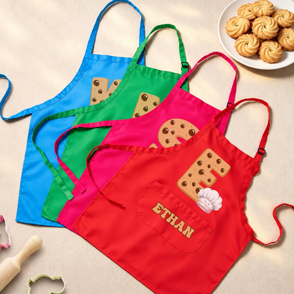 Personalised Biscuit Initial Kid Baking Apron Chef Hat Set with Name and Pocket Kitchen Accessory Daily Use Birthday Gift for Children 7