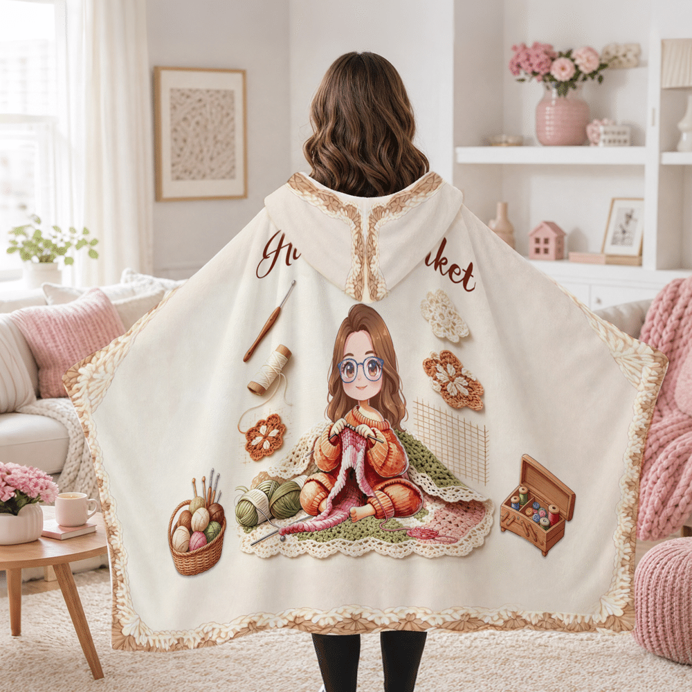 Personalised 3D-Effect Artwork Cartoon Crochet Character Photo Hooded Blanket with Text Birthday Christmas Holiday Gift for Crochet Enthusiast Friend 4