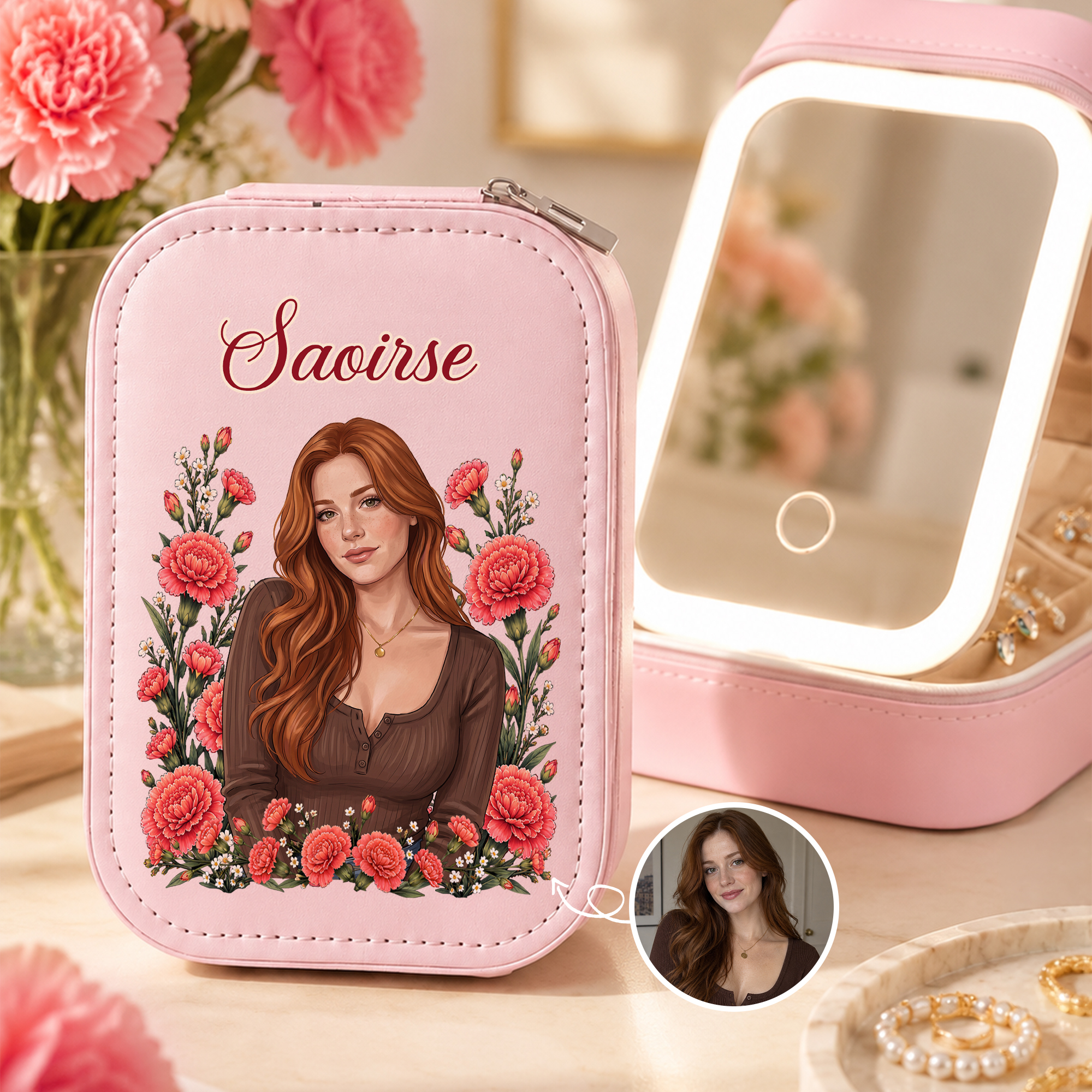 Individuell gestaltbare, verstellbare LED-Schmuckschatulle mit Geburtsblume, Foto und Namen – Geburtstags- und Hochzeitsgeschenk für Frauen und Bräute