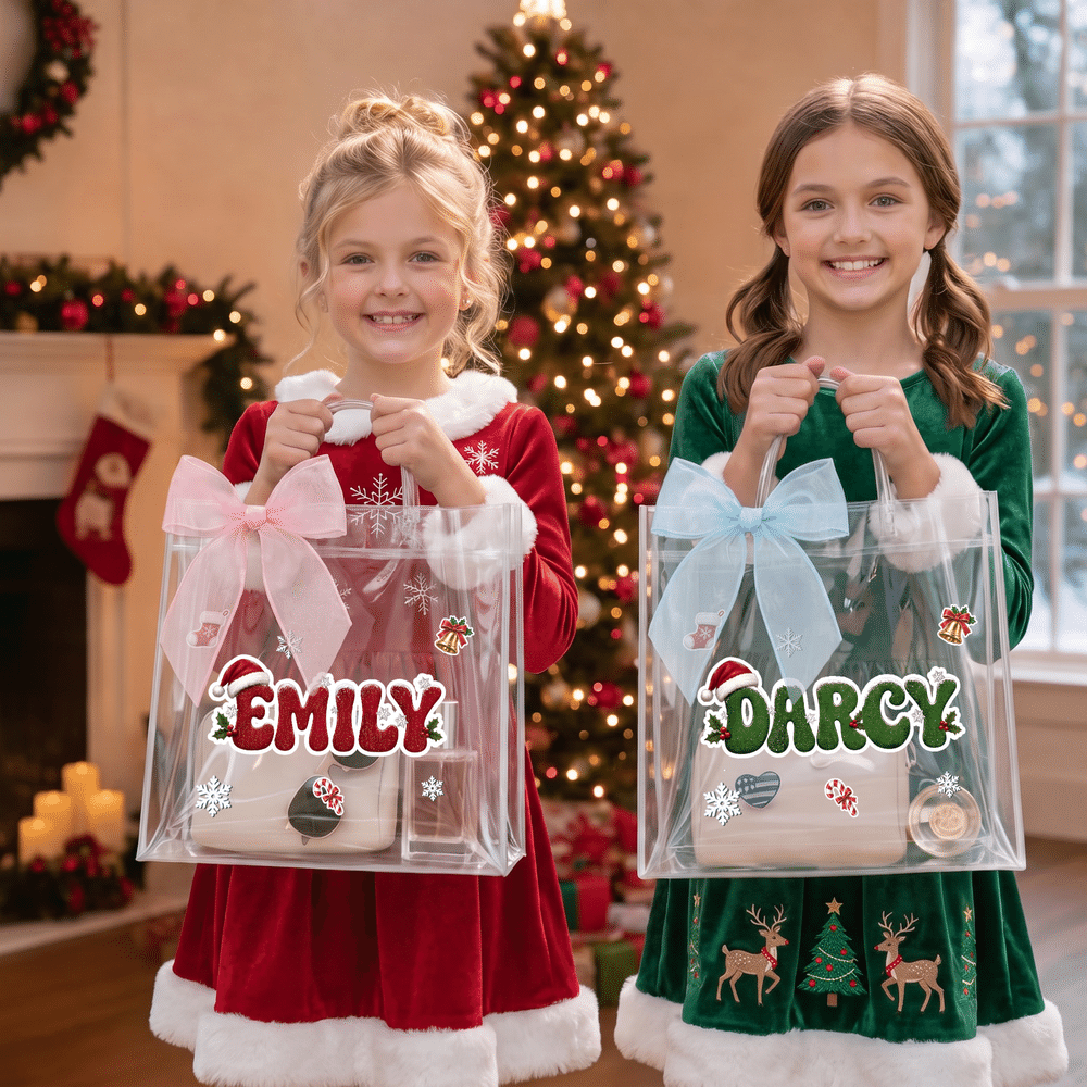 Gepersonaliseerde, doorzichtige cadeauzak met kerstthema, voorzien van naam en lint – kerstcadeau voor kinderen, vrouwen en beste vriendinnen 6