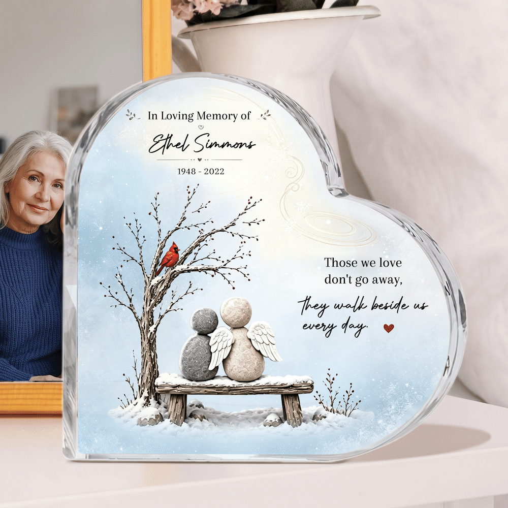 Personalised They Walk Beside Us Snow Stone Figure Heart-Shaped Acrylic Plaque with Name and Year Desk Decor Memorial Gift for Friend Family 6