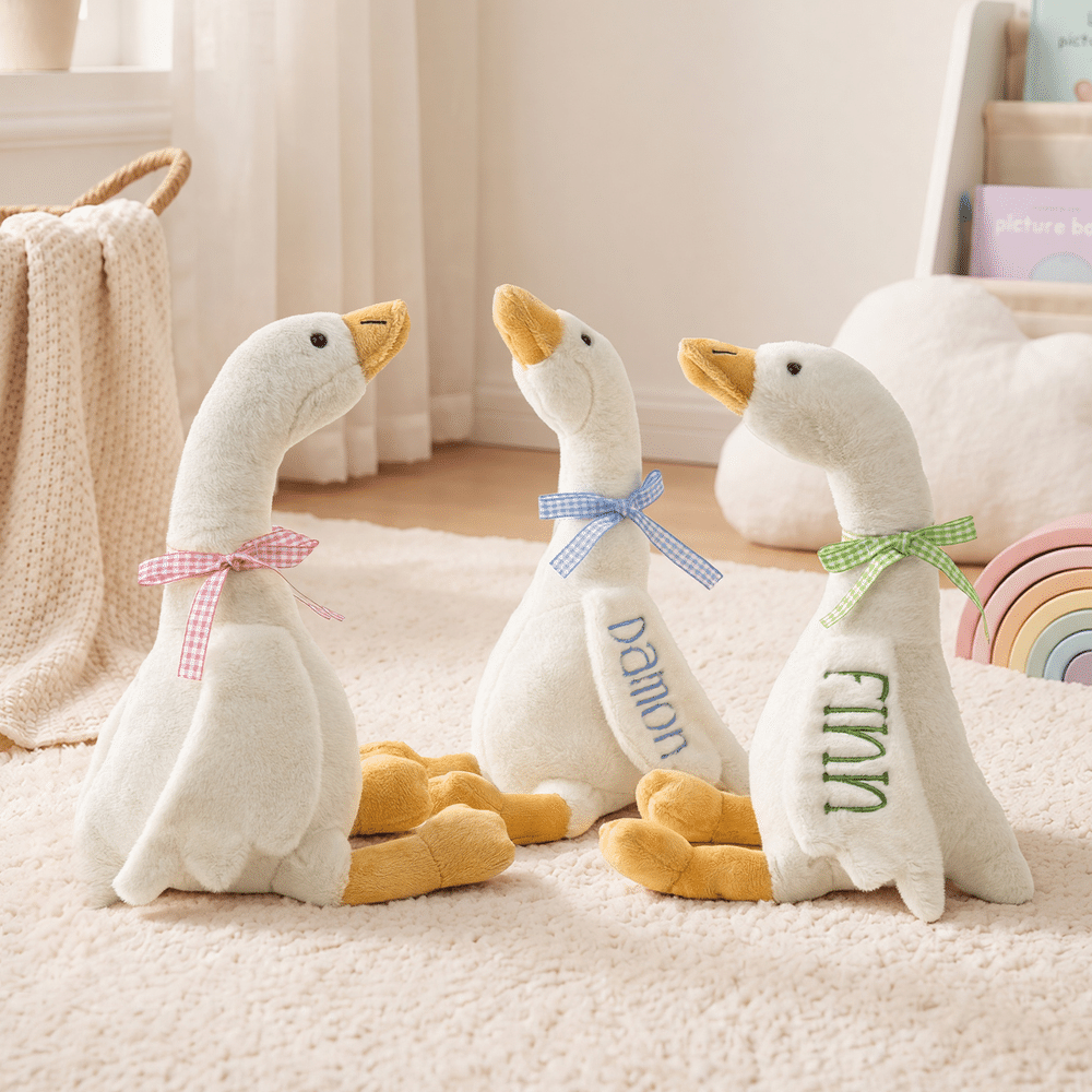 Personalised Plaid Ribbon Bow Embroidered Name Cute Baby Goose Plush Toys Nursery Decor Baby Shower Birthday Gift for Baby Kids 3