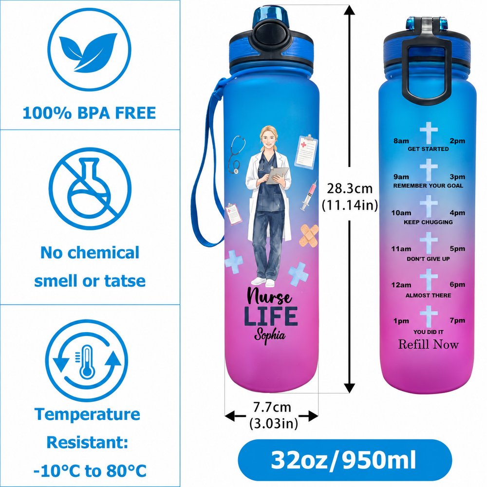 Personalized Nurse Life Photo Gradient BPA-Free 32 oz Water Bottle with Flip-Top Lid and Time Markers Birthday Appreciation Gift for Nurse 10
