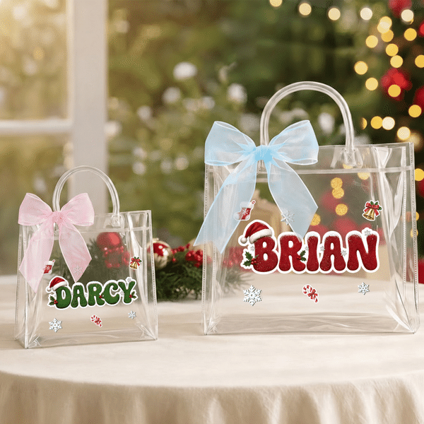 Gepersonaliseerde, doorzichtige cadeauzak met kerstthema, voorzien van naam en lint – kerstcadeau voor kinderen, vrouwen en beste vriendinnen