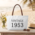 Personalised Vintage Year Large Capacity Canvas Tote Bag with PU Leather Handle Daily Use Anniversary Birthday Gift for Woman Mum Gran