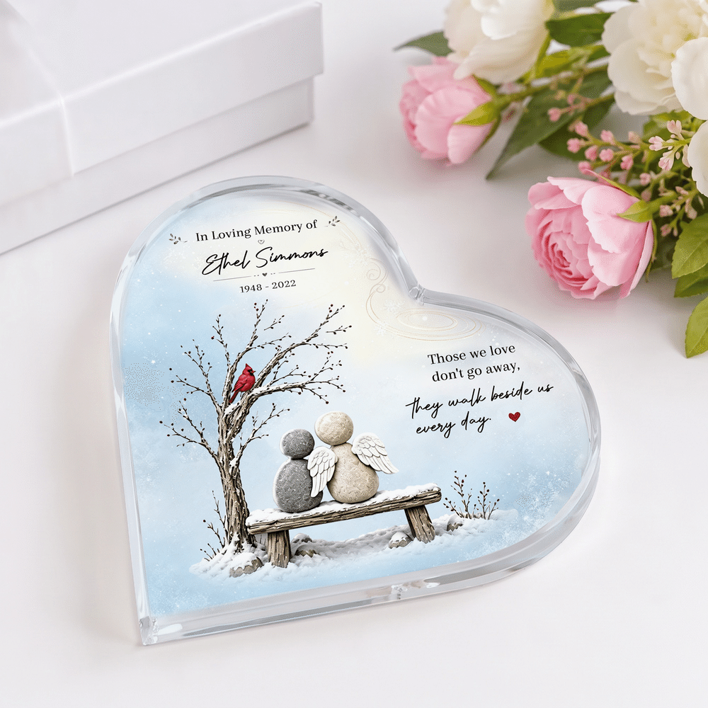 Personalised They Walk Beside Us Snow Stone Figure Heart-Shaped Acrylic Plaque with Name and Year Desk Decor Memorial Gift for Friend Family 2