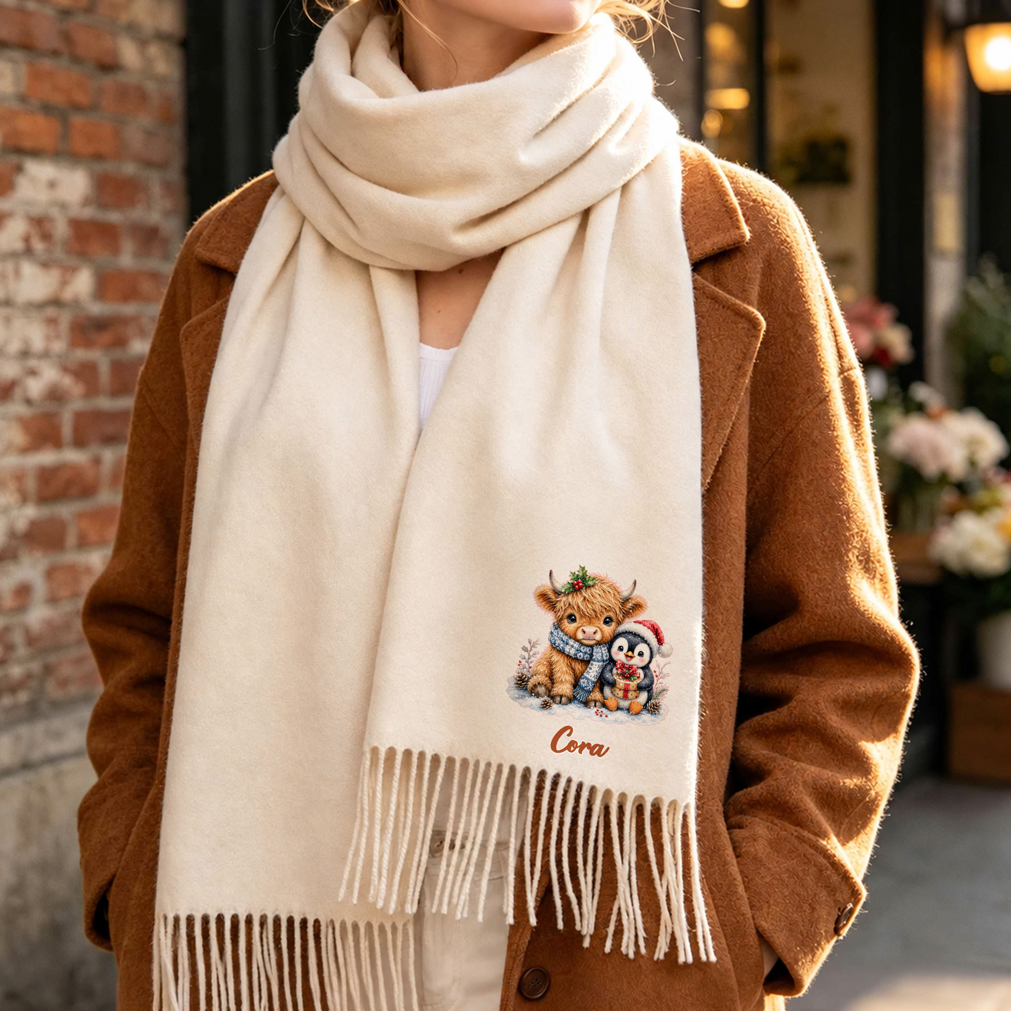 Personalisierter, weicher und warmer Weihnachtsschal mit Highland-Cow-Motiv und Quasten sowie Namenszug – ein Weihnachtsgeschenk für Liebhaber der Highland-Cow