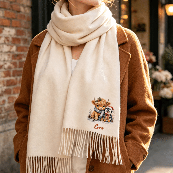 Personalised Christmas Highland Cow Soft Warm Tassel Scarf with Name Christmas Gift for Highland Cow Lovers