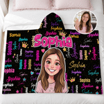 Personalised 3D-Style Art Cartoon Character Photo Word Cloud Soft Hooded Blanket with Name Birthday Christmas Gift for Boys Girls