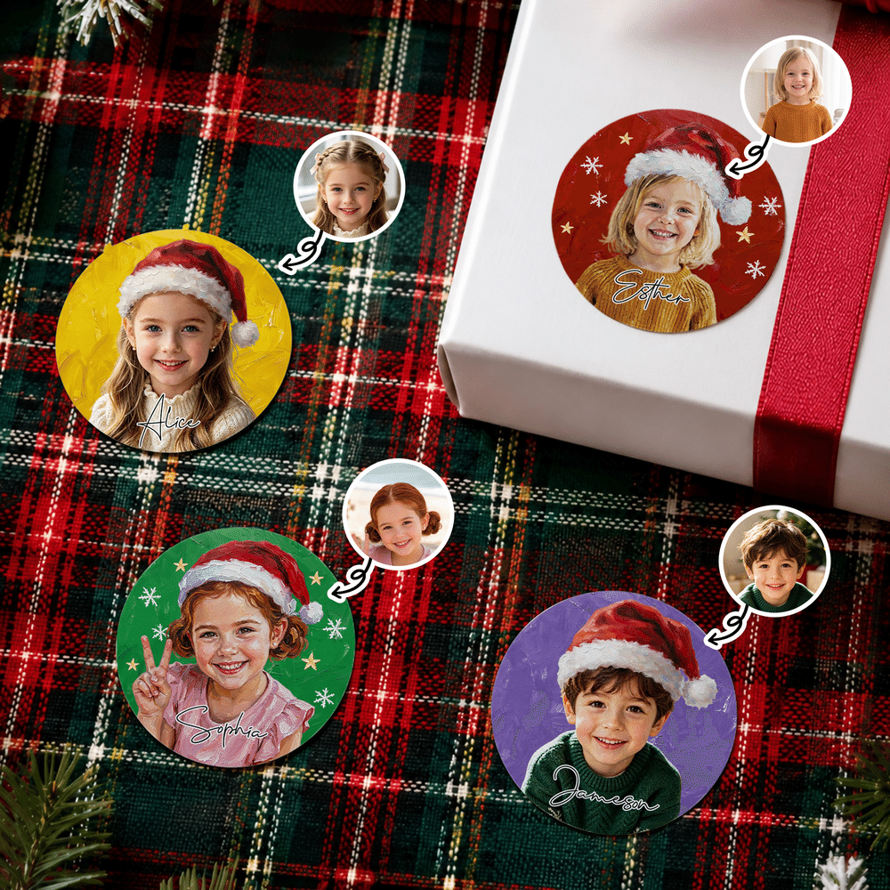 Pegatina impermeable personalizada con foto de un personaje infantil, pintura al óleo con temática navideña y nombre; regalo navideño para niños y niñas 2