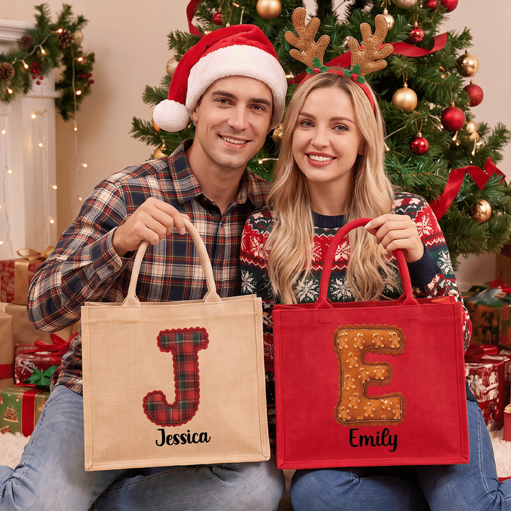Personalised Christmas Style Initial Large Capacity Jute Tote Bag with Name Christmas Gift for Kids Family 5