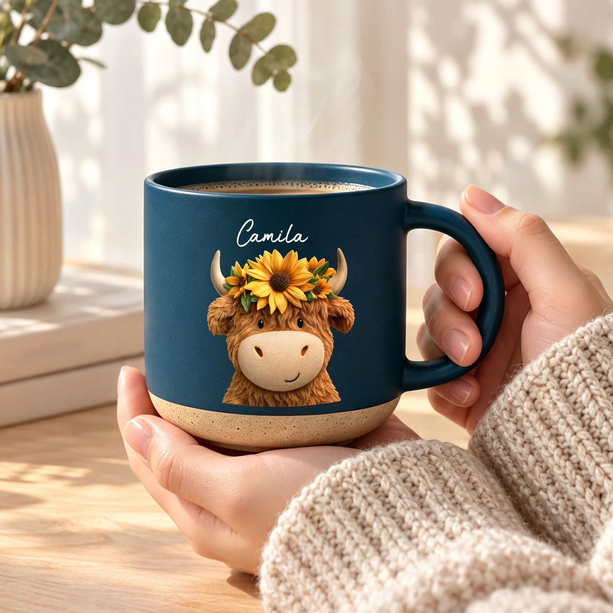 Personalisierte Keramiktasse „Sunflower Highland Cow“ (12 oz) mit Namen – Alltagsgeschenk zum Geburtstag für Liebhaber der Highland-Kuh