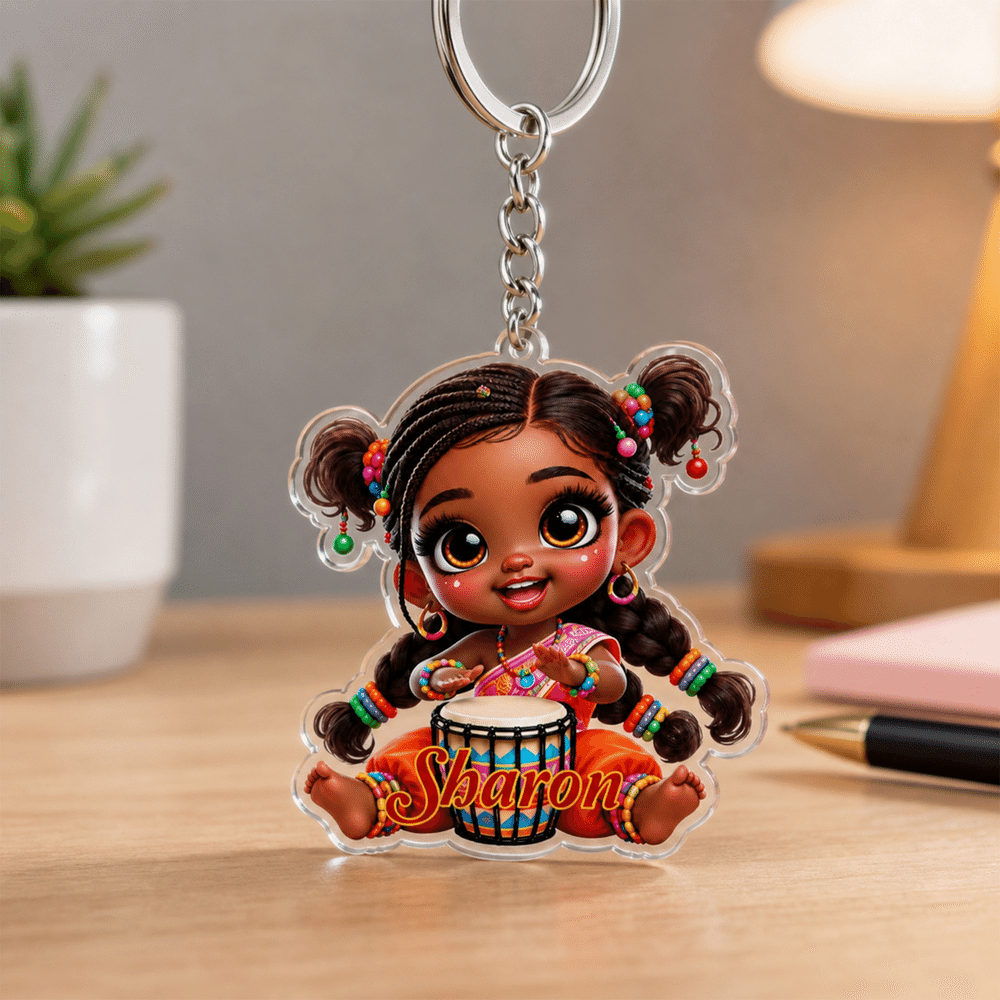 Personalized Cute Cartoon Black Girl  Acrylic Keychain with Name Backpack Decor Birthday Gift for African American Girls 2