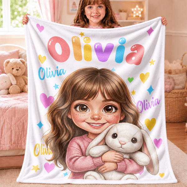 Couverture douillette personnalisée avec photo, motif de cœurs multicolores de style bande dessinée, avec prénom – Décoration d'intérieur et cadeau d'anniversaire pour enfants