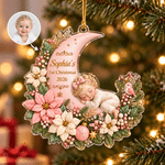 Personalized 1st Christmas Cartoon Baby Photo Hanging Acrylic Ornament with Name and Year Christmas Gift for Newborns New Parents