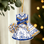 Personalised Blue and White Porcelain Cheerleading Uniform Acrylic Ornament with Name and Team Name Cheer Team Game Day Christmas Gift for Cheerleader