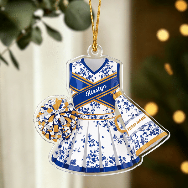 Personalised Blue and White Porcelain Cheerleading Uniform Acrylic Ornament with Name and Team Name Cheer Team Game Day Christmas Gift for Cheerleader