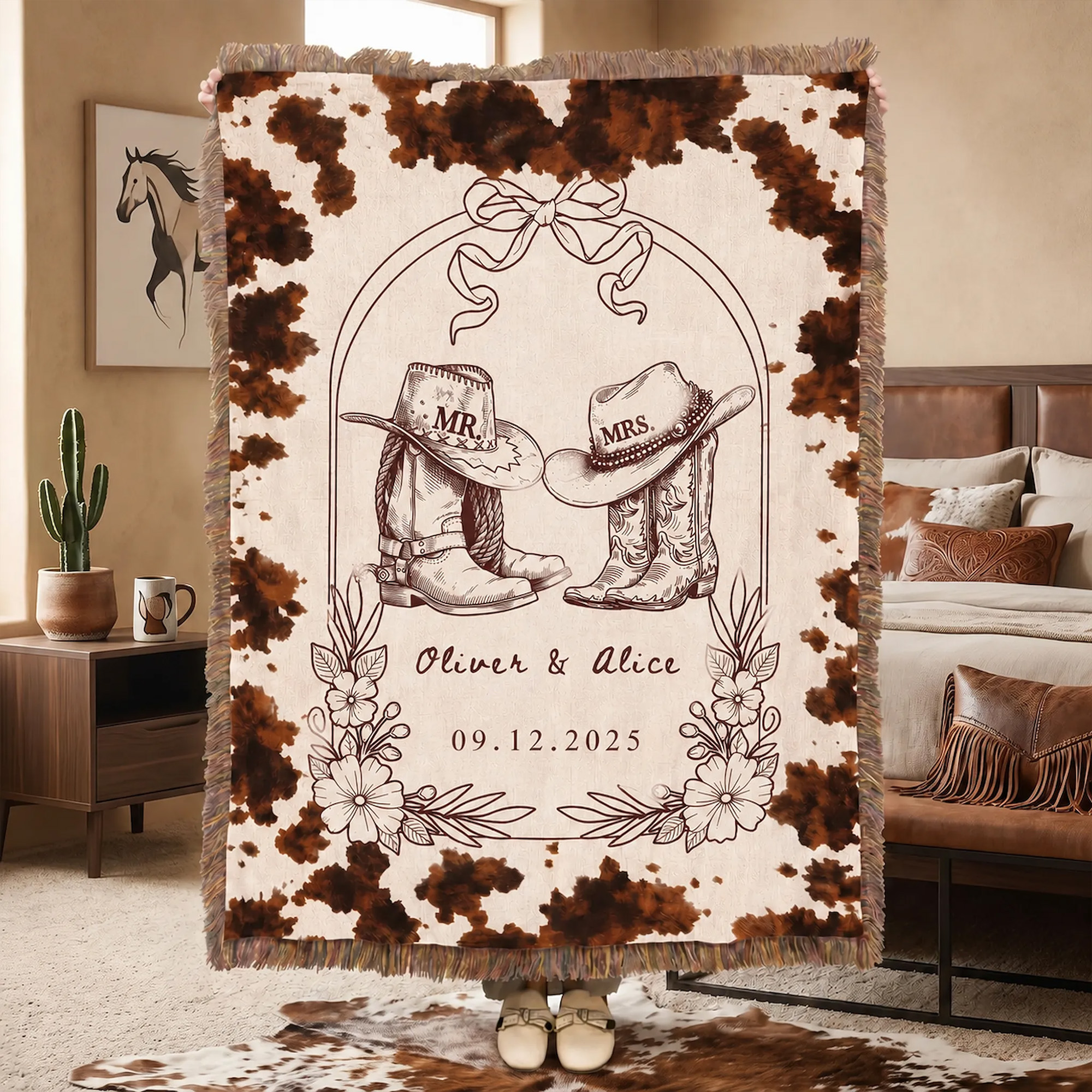 Individuell gestaltete Cowboy-Decke mit Quasten und Namen | Geschenk zum Geburtstag, zum Jubiläum oder zur Hochzeit für Jungvermählte