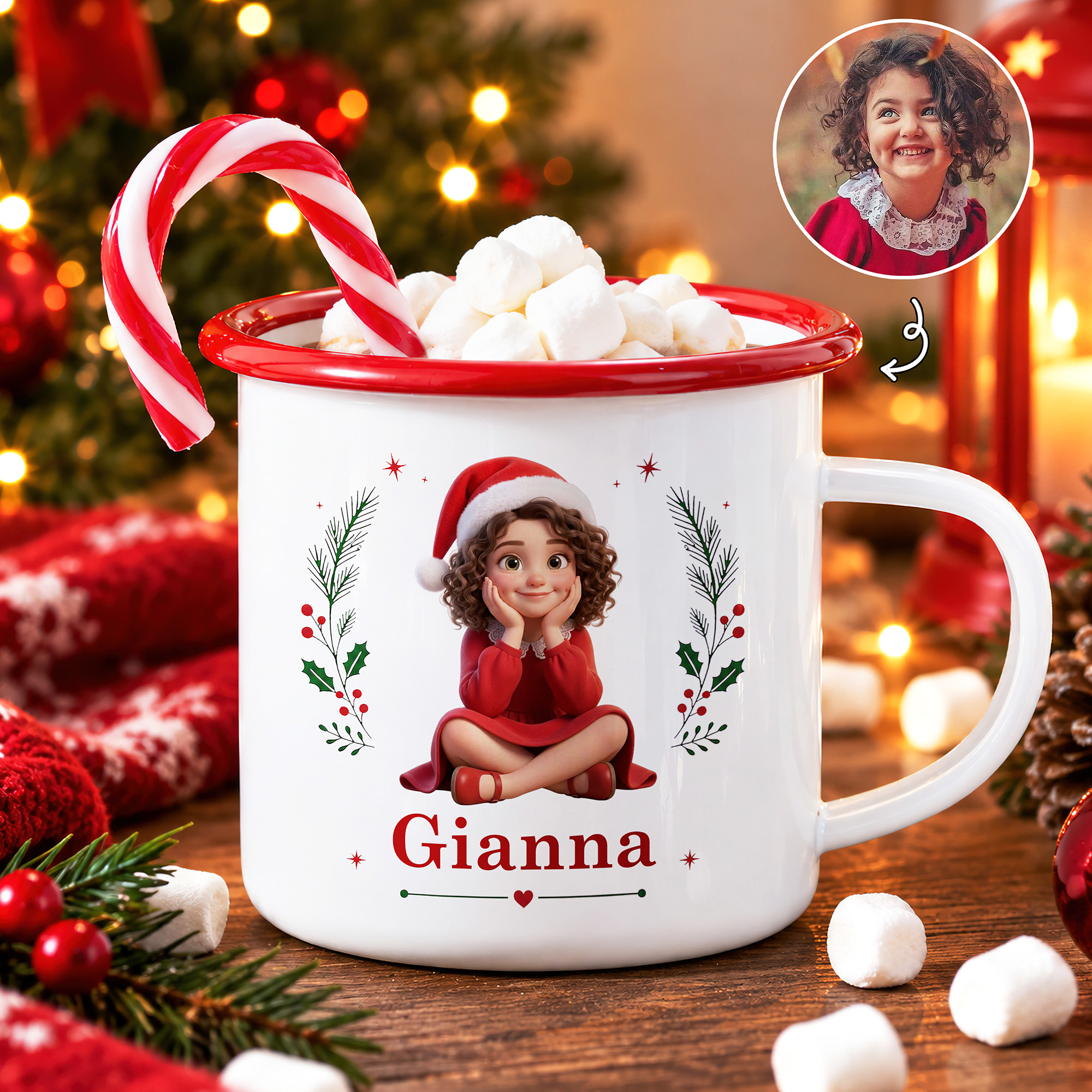 Personalisierte 3D-Effekt-Kunstfoto-Tasse „Holly“, 12 oz, Emaille, mit Namen – Weihnachtsgeschenk für Kinder, Familie und Freunde