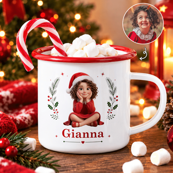 Personlig emaljmugg med 3D-effekt och konstfoto av en järnek, 12 oz, med namn – julklapp till barn, familj och vänner
