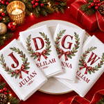 Personalised Retro Initial Holly Bow 100% Cotton Napkin with Name and Year Table Decor Christmas Gift for Family Parents 5