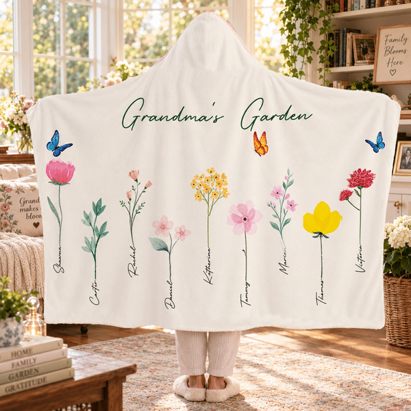 Personalised 1-16 Flowers Butterfly Soft Hooded Blanket with Names and Title Birthday Christmas Gift for Mum Gran Woman