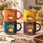 Personalised Sunflower Highland Cow 12 oz Ceramic Mug with Name Daily Use Birthday Gift for Highland Cow Lovers