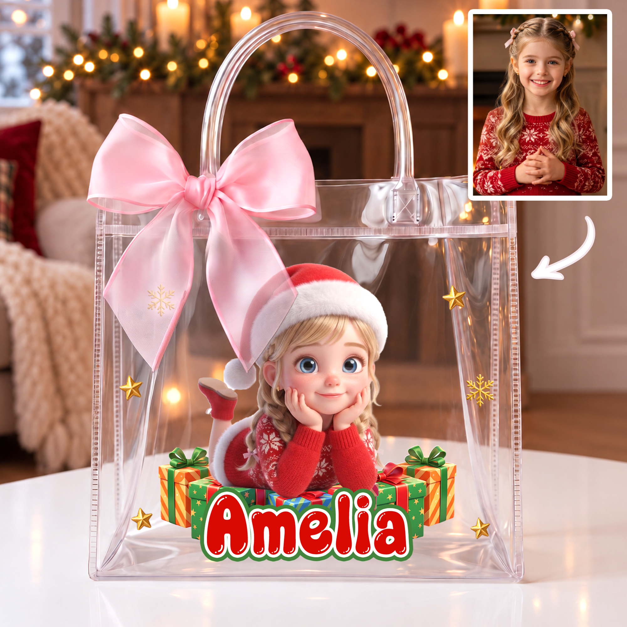 Individuell gestaltete transparente Tüte mit Weihnachtsstern-Motiven: Foto als Cartoon-Figur mit Namen – Weihnachtsgeschenk für Jungen und Mädchen