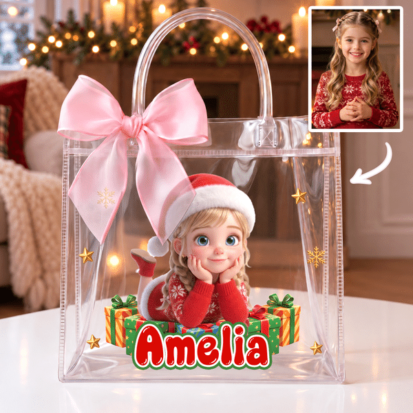 Bolsa transparente con motivos navideños personalizados: de foto a personaje de dibujos animados, con nombre. Regalo de Navidad para niños y niñas