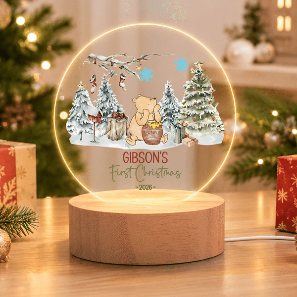 Personalized Classic Winnie the Pooh Acrylic LED Night Light with Name and Wooden Base Home Decor Christmas Gift for Kids Family