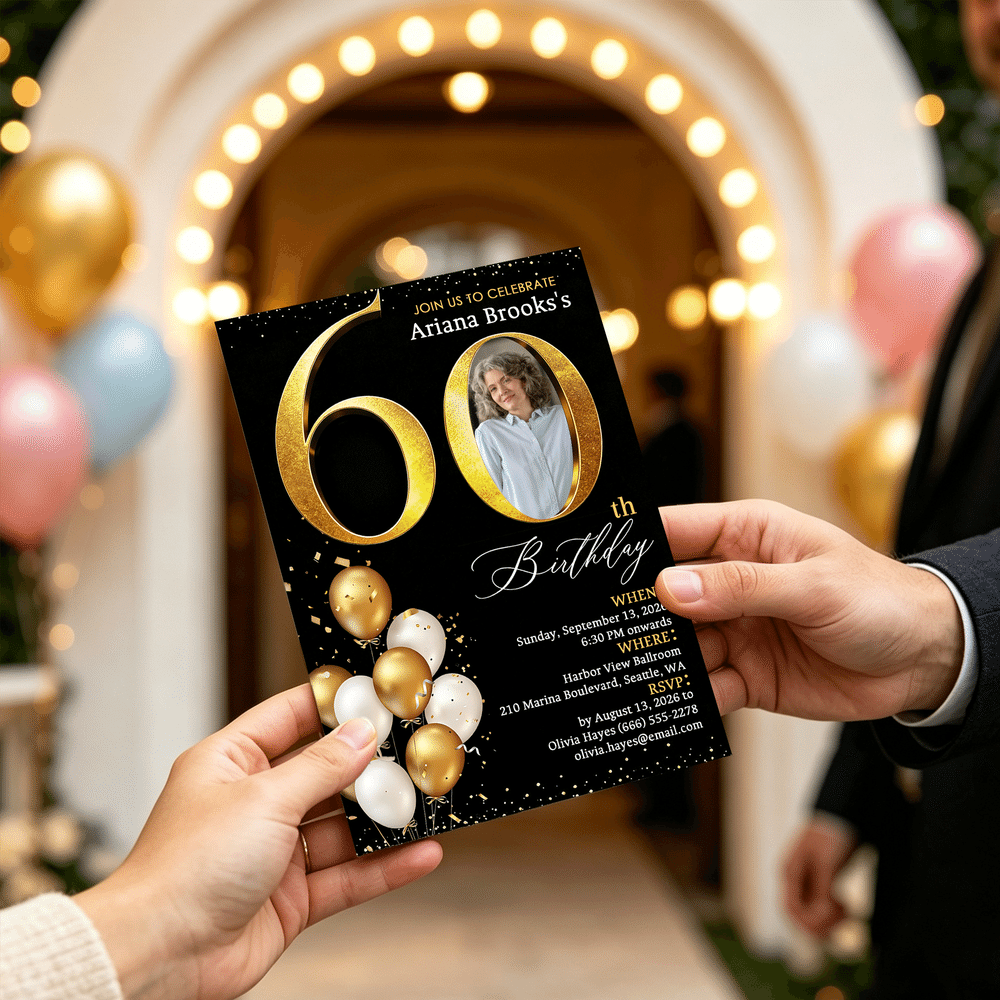 Personalized Golden Balloon Photo Milestone Birthday Party Invitation with Name Initial and Time Birthday Gift for Family Parents 5
